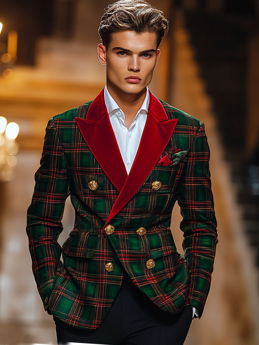 Men's Classic Plaid Lapel Double-Breasted Festive Blazer - Image 2