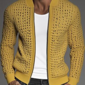 Men's Hollow Out Knit Stand Collar Zip Up Jacket