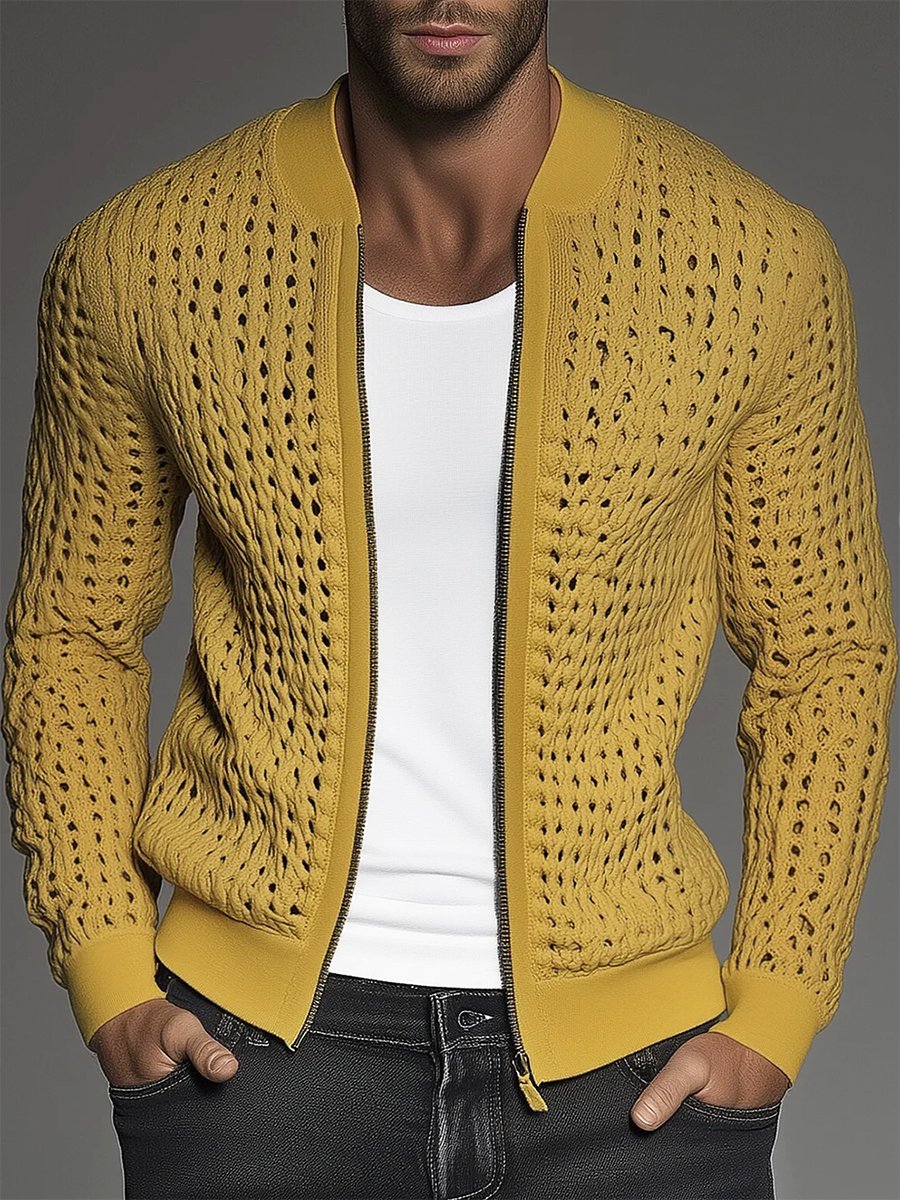 Men's Hollow Out Knit Stand Collar Zip Up Jacket