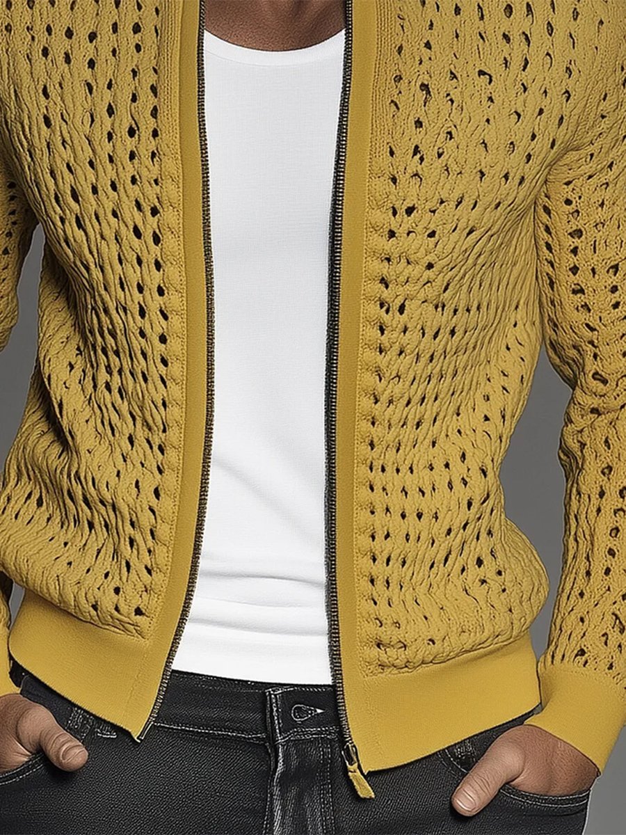 Men's Hollow Out Knit Stand Collar Zip Up Jacket - Image 4