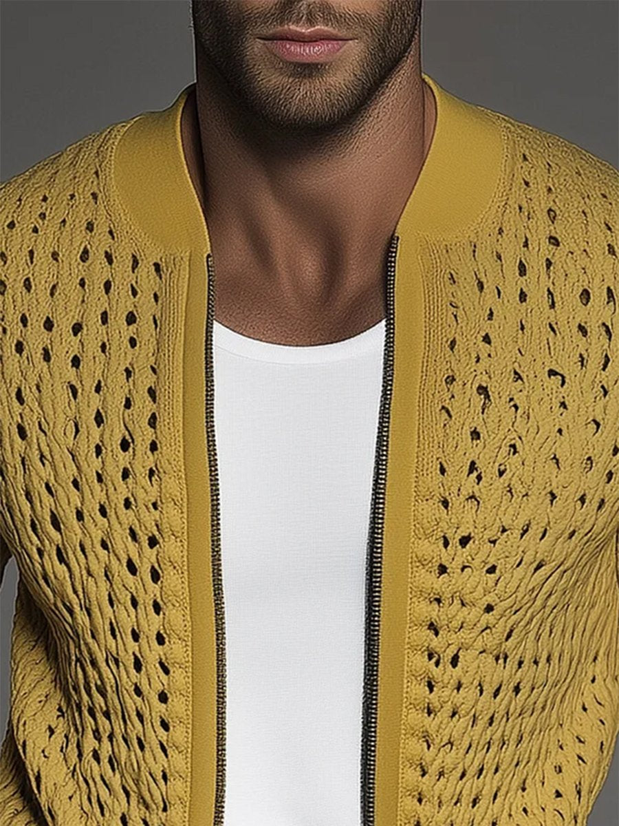 Men's Hollow Out Knit Stand Collar Zip Up Jacket - Image 3