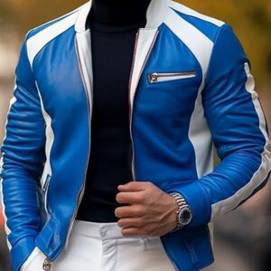 Casual Leather Contrast Color Stand Collar Zipper Motorcycle Jacket