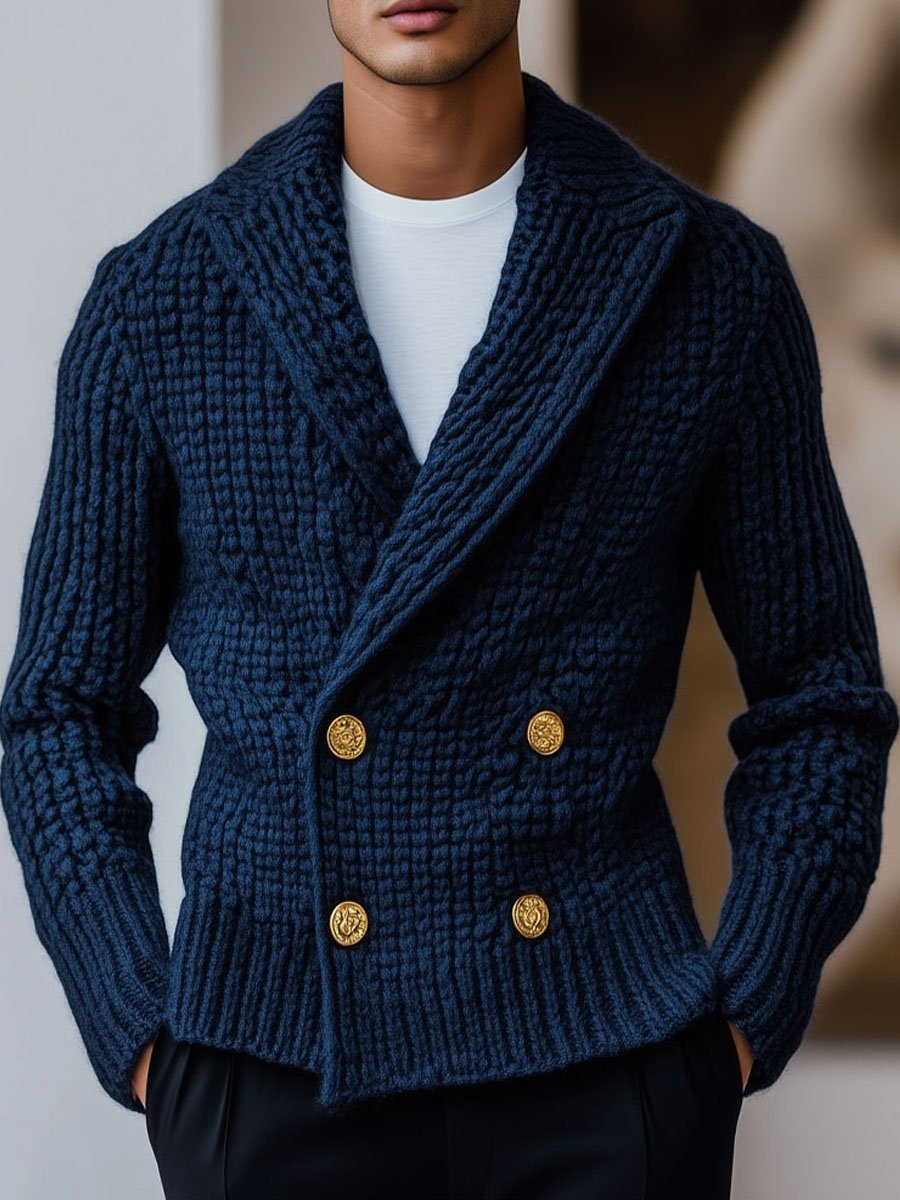 Men's Lapel Double Breasted Solid Color Knit Cardigan