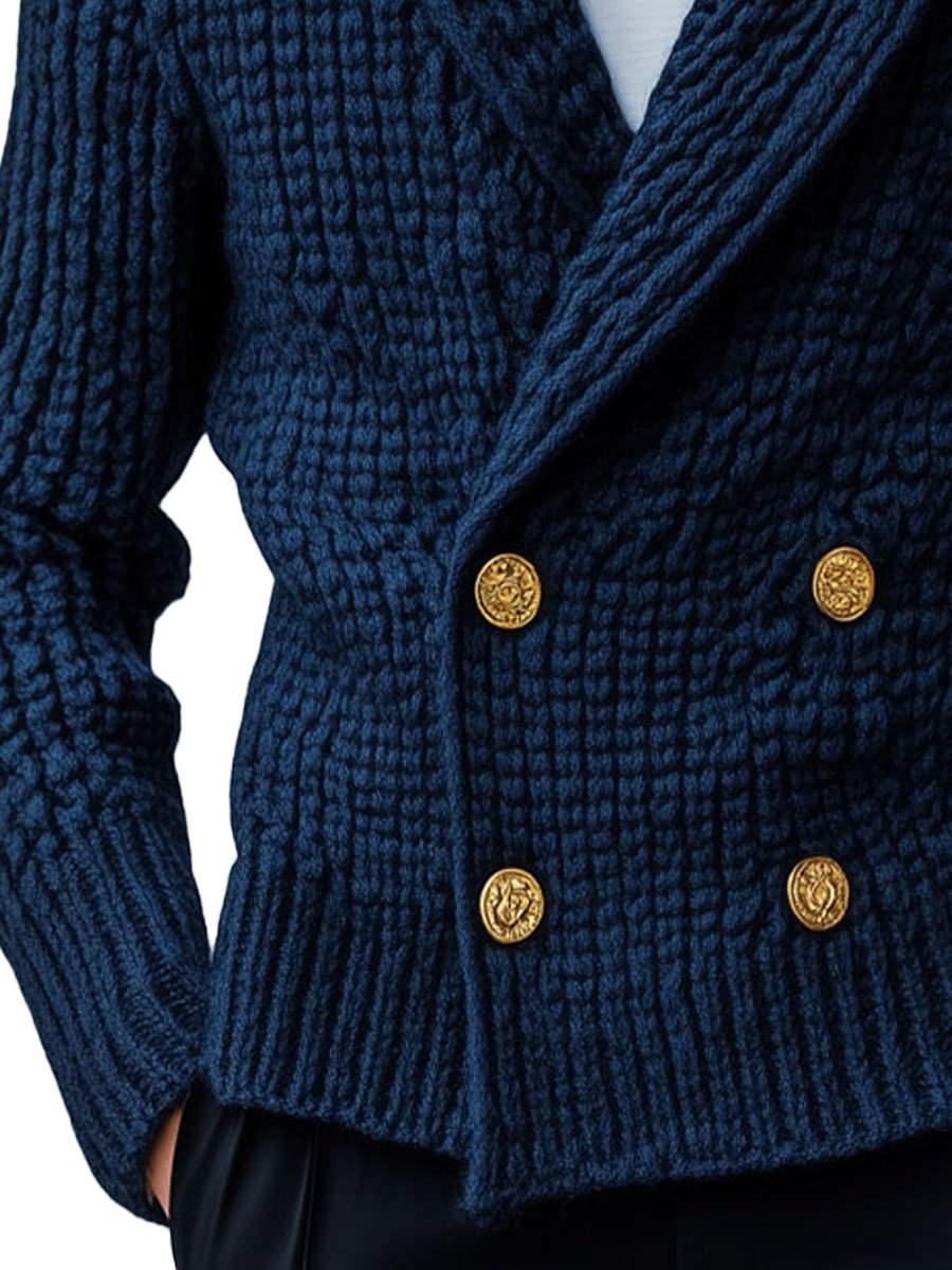 Men's Lapel Double Breasted Solid Color Knit Cardigan - Image 3