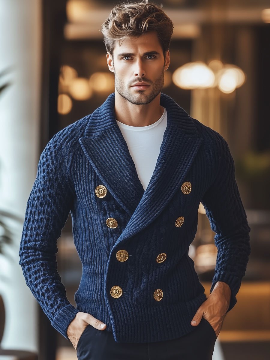 Men's Lapel Double Breasted Metal Button Elegant Knit Cardigan - Image 2