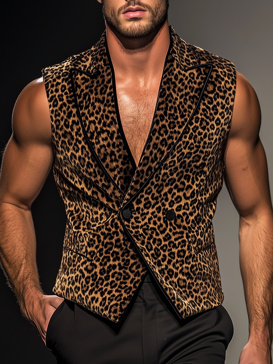Stylish Leopard Print Lapel Velvet Vest