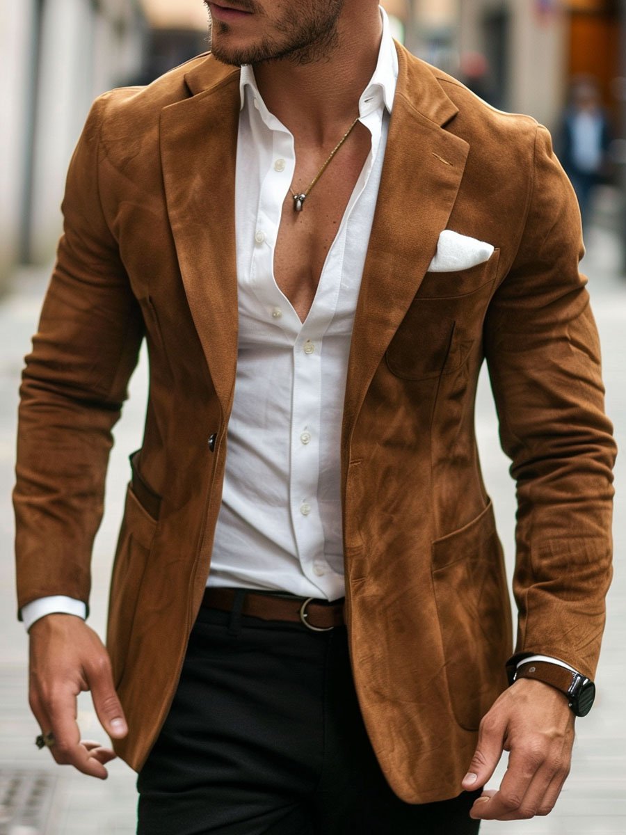 Men's Vintage Suede Three Pocket Lapel Casual Blazer - Image 2