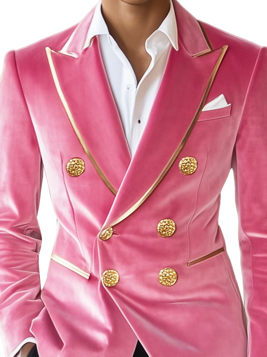 Men's Contrast Pink Velvet Double-Breasted Vintage Blazer - Image 2
