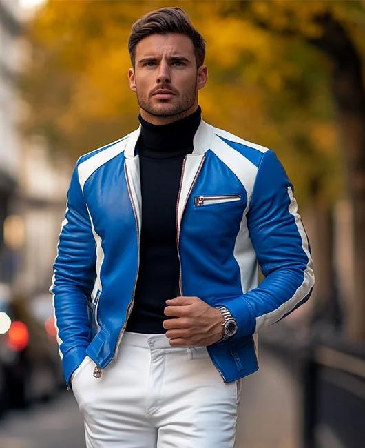 Casual Leather Contrast Color Stand Collar Zipper Motorcycle Jacket - Image 2
