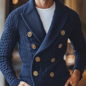 Men's Lapel Double Breasted Metal Button Elegant Knit Cardigan
