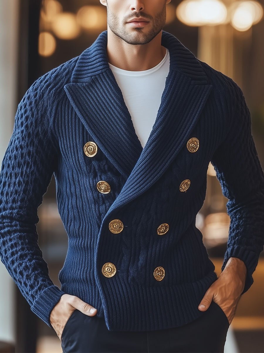 Men's Lapel Double Breasted Metal Button Elegant Knit Cardigan