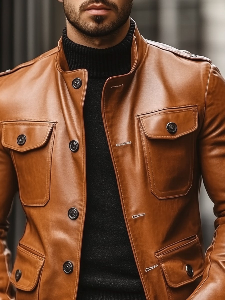 Casual Fashion Leather Stand Collar Single Breasted Jacket - Image 2