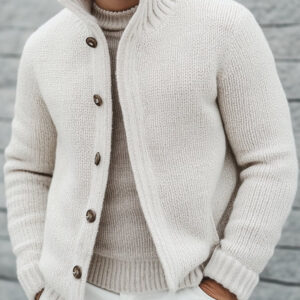 Casual Solid Color Stand Collar Button Knitted Cardigan