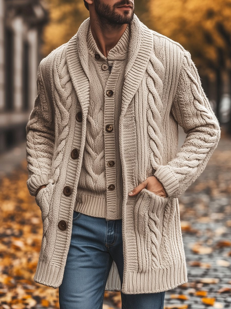 Men's Casual Lapel Mid-length Knitted Cardigan