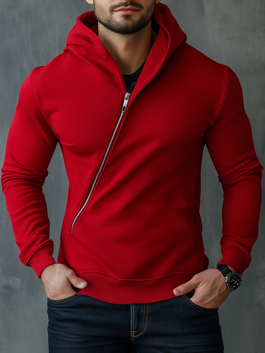 Retro Red Diagonal Zipper Hoodie