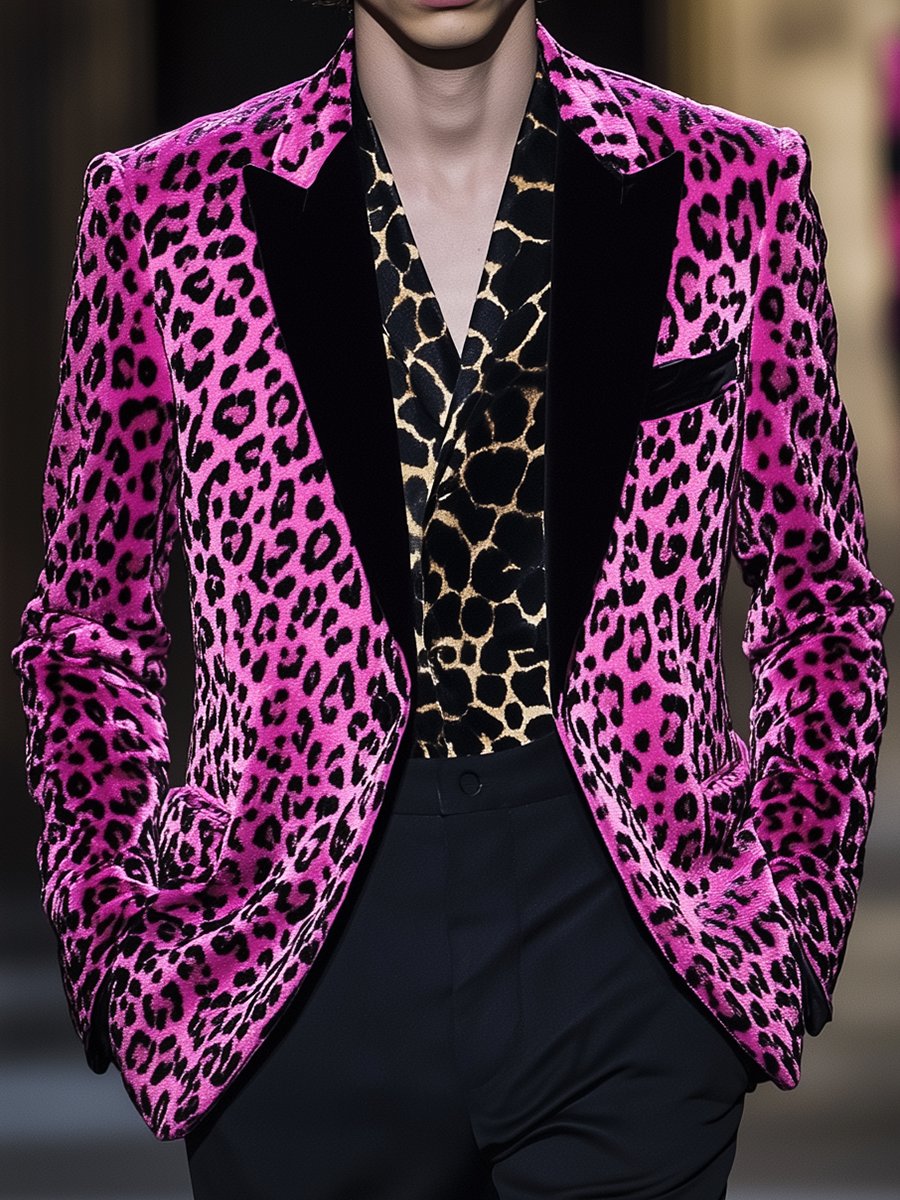 Men's Fashion Pink Leopard Velvet Blazer