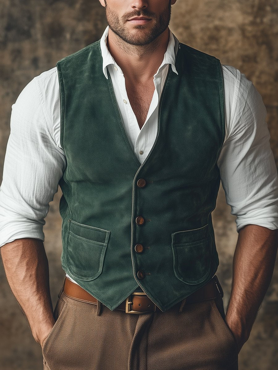 Men's Vintage V-neck Single-breasted Suede Vest