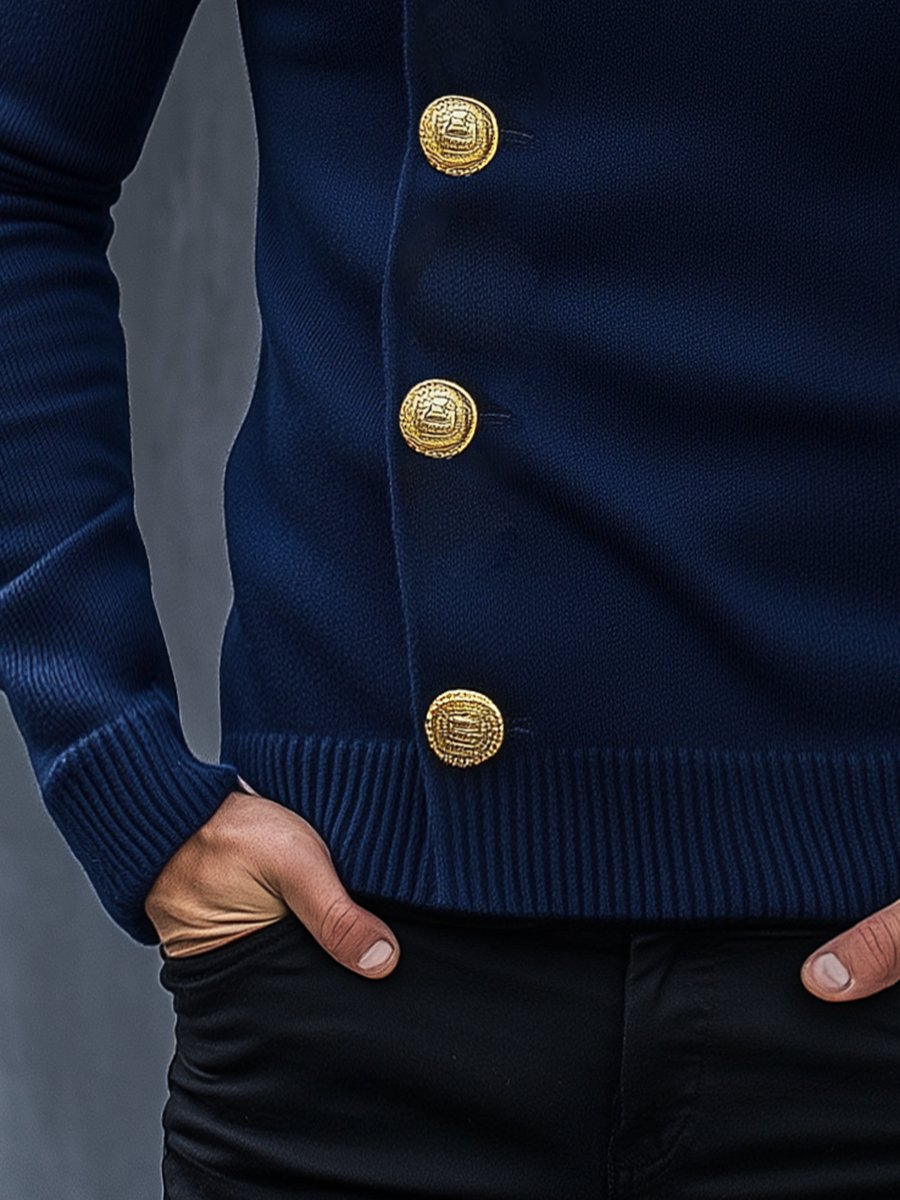 Vintage Navy Stand Collar Knit Cardigan - Image 4