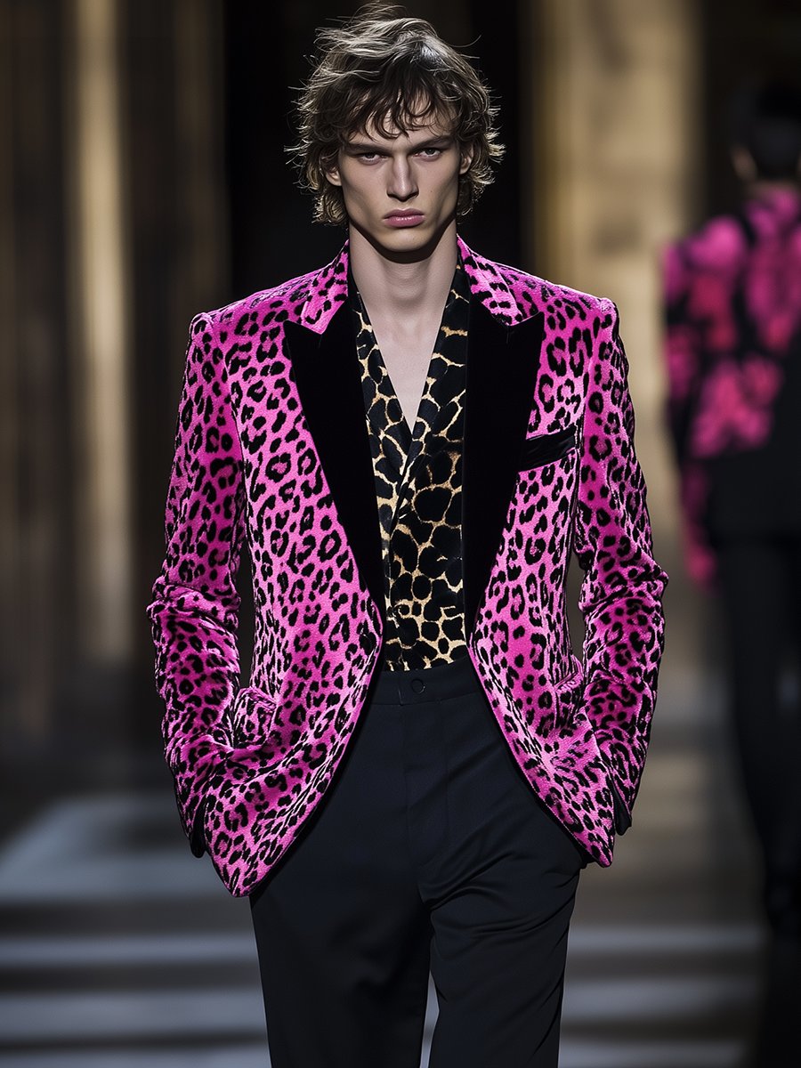 Men's Fashion Pink Leopard Velvet Blazer - Image 2