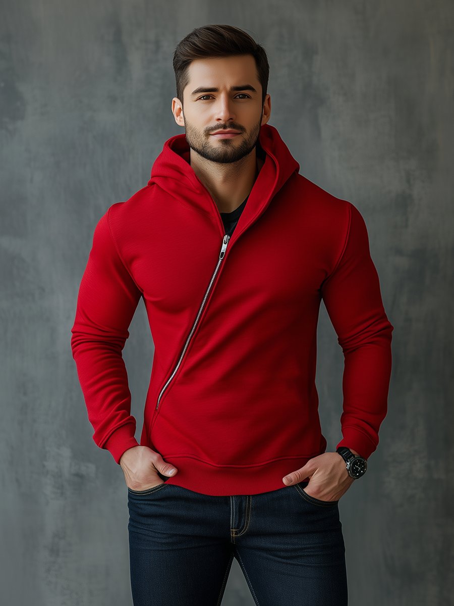 Retro Red Diagonal Zipper Hoodie - Image 2