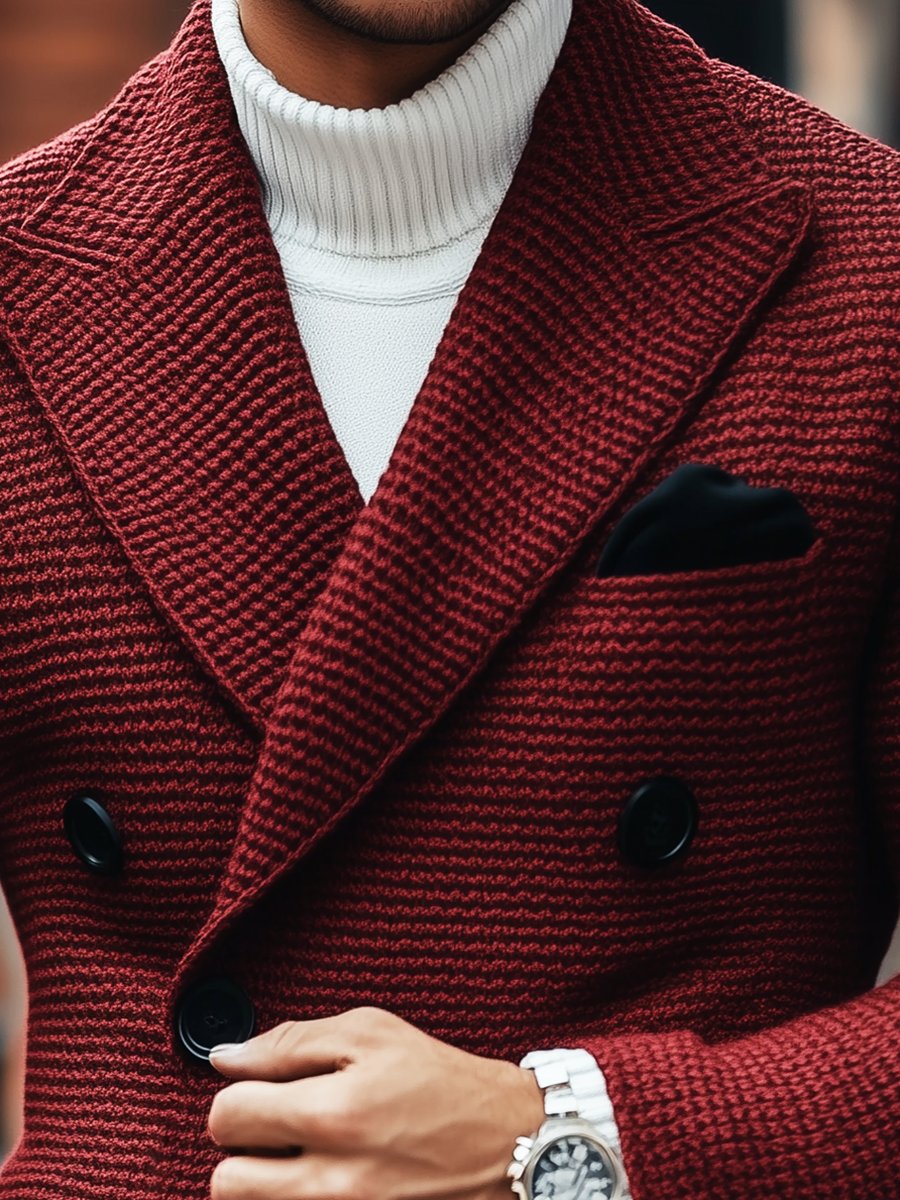 Vintage Lapel Multi-Pocket Casual Double Breasted Knitted Blazer - Image 2