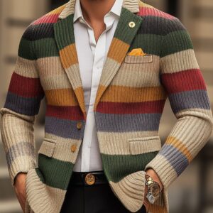 Men's Casual Rainbow Striped Lapel Long Sleeve Knit Cardigan