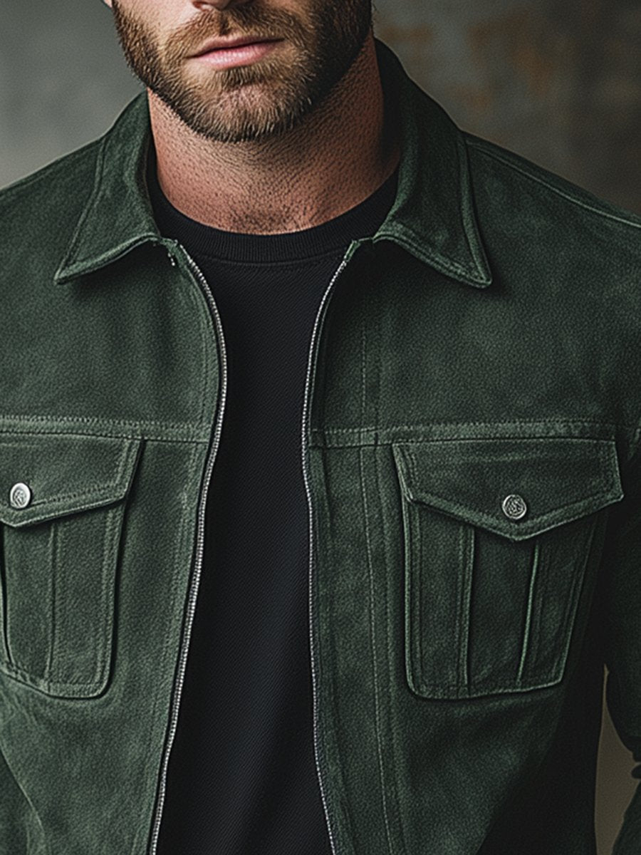 Men's Solid Color Casual Lapel Zipper Suede Jacket - Image 3