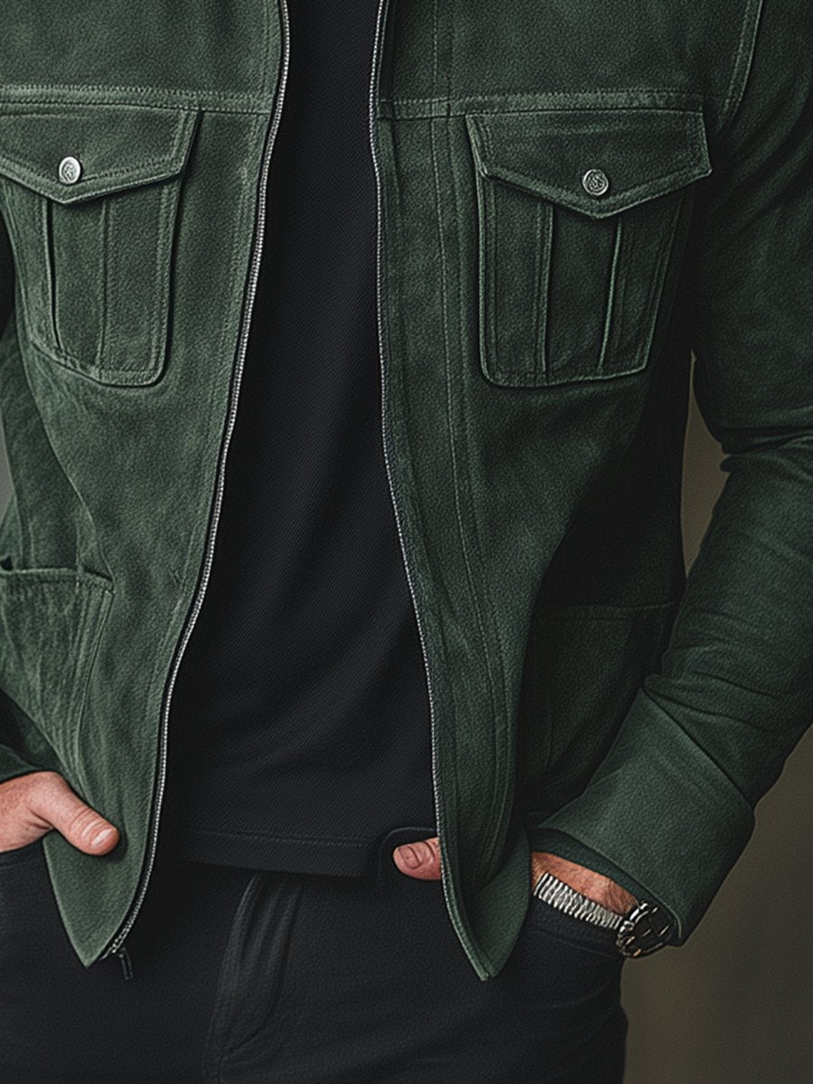 Men's Solid Color Casual Lapel Zipper Suede Jacket - Image 4