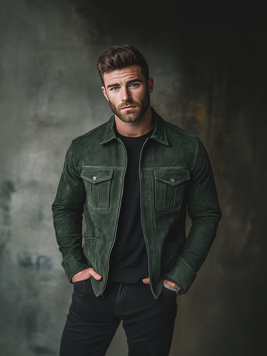 Men's Solid Color Casual Lapel Zipper Suede Jacket - Image 2