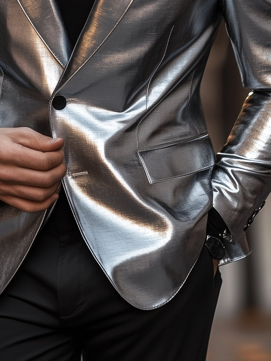 Stylish Silver Leather Single Breasted Lapel Blazer - Image 3