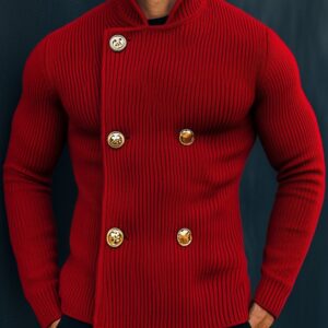 Vintage Red Stand Collar Double-breasted Knitted Cardigan