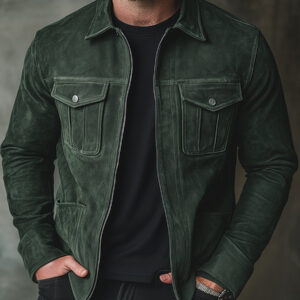 Men's Solid Color Casual Lapel Zipper Suede Jacket