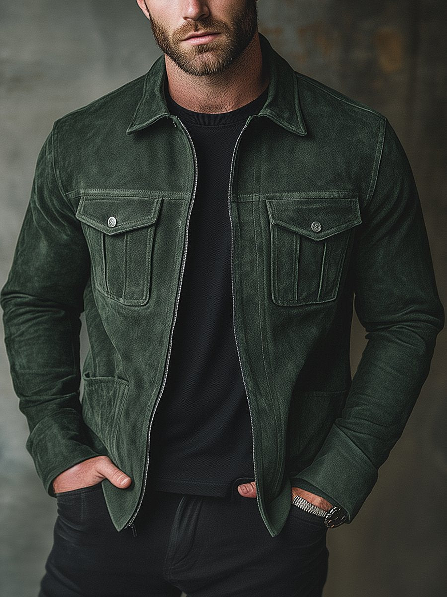 Men's Solid Color Casual Lapel Zipper Suede Jacket