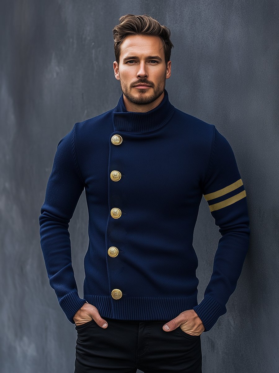 Vintage Navy Stand Collar Knit Cardigan - Image 2