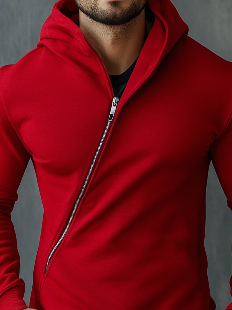 Retro Red Diagonal Zipper Hoodie - Image 3