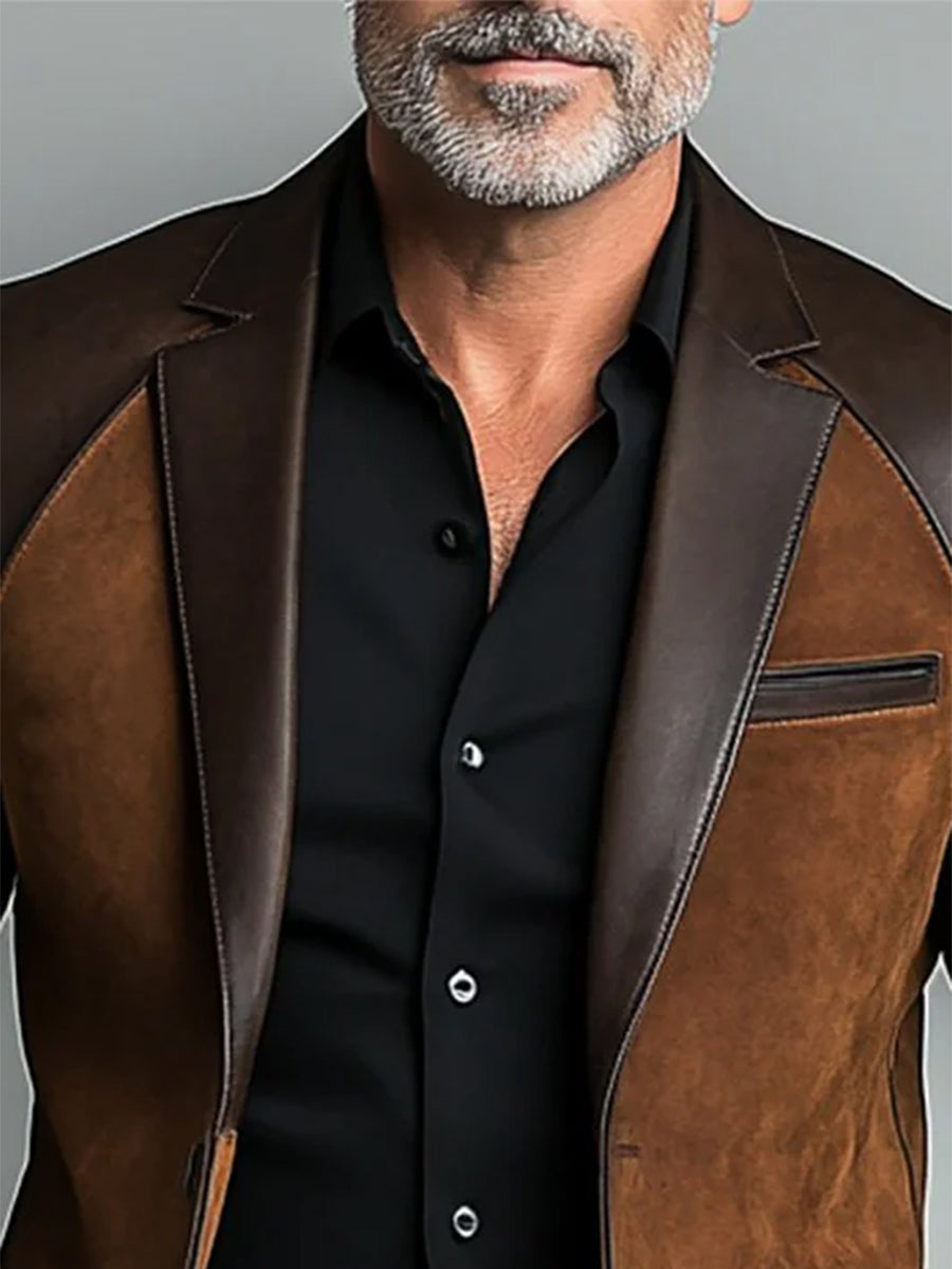 Men's Fashion Vintage PU Leather Patchwork Lapel Jacket - Image 3