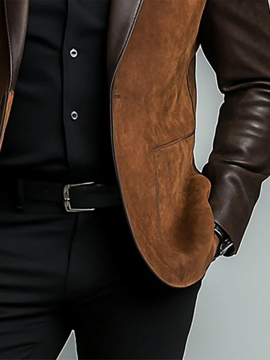 Men's Fashion Vintage PU Leather Patchwork Lapel Jacket - Image 4